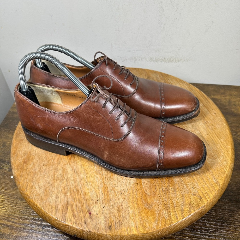 Salvatore Ferragamo Tramezza Brown Leather Cap Toe Oxford Shoes Mens 8 D Italy